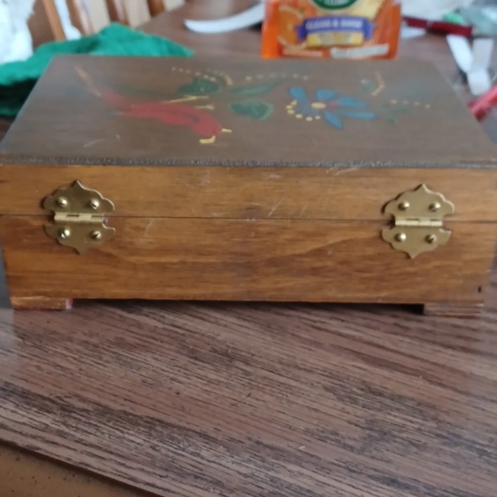 Vintage Painted Wood Bird & Flower Jewelry Box